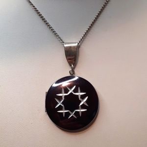 Vintage Black Silver Round Locket Pendant Necklace 24" L